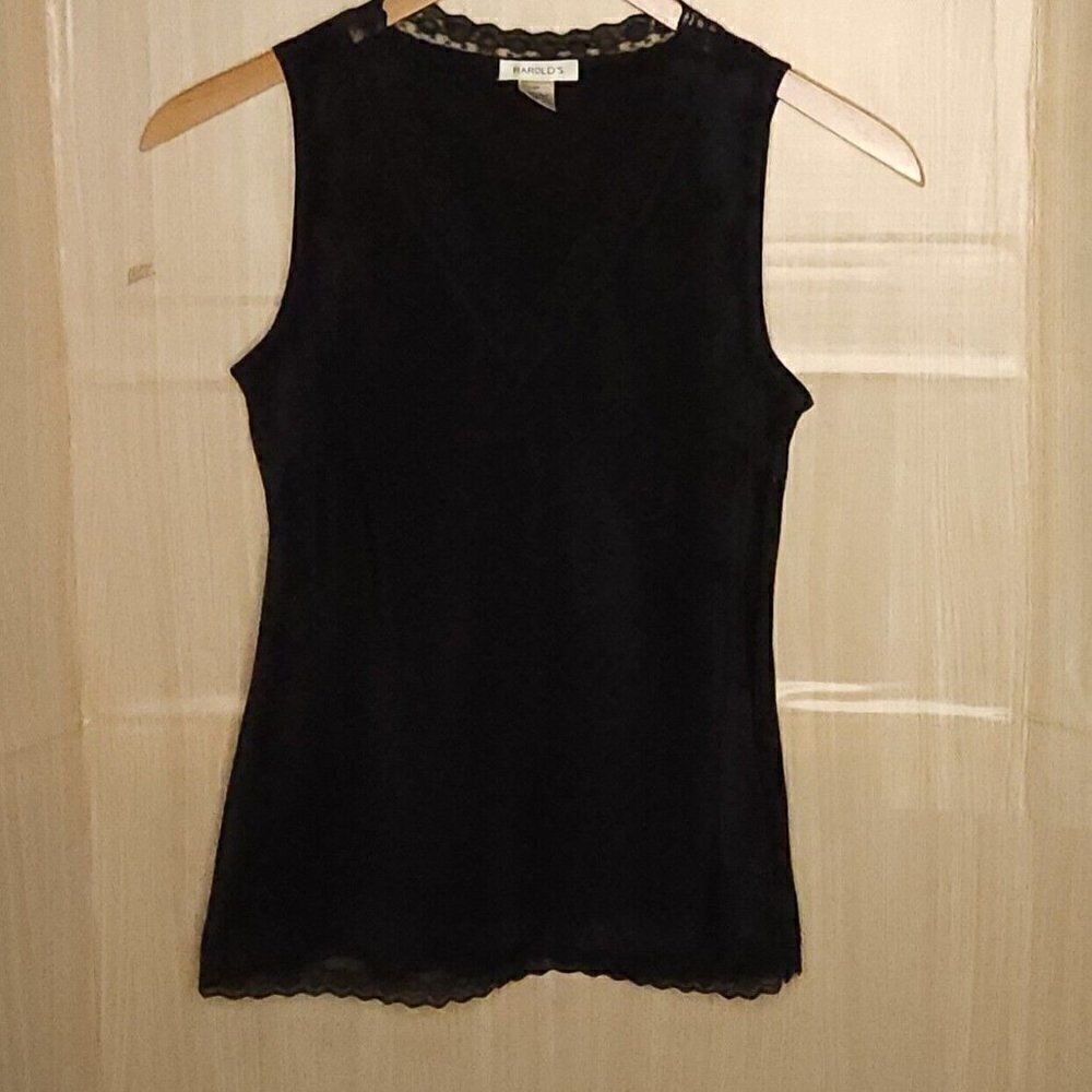 Harold's Black Silky Lace Detail Side Zip Sleeveless Top Medium